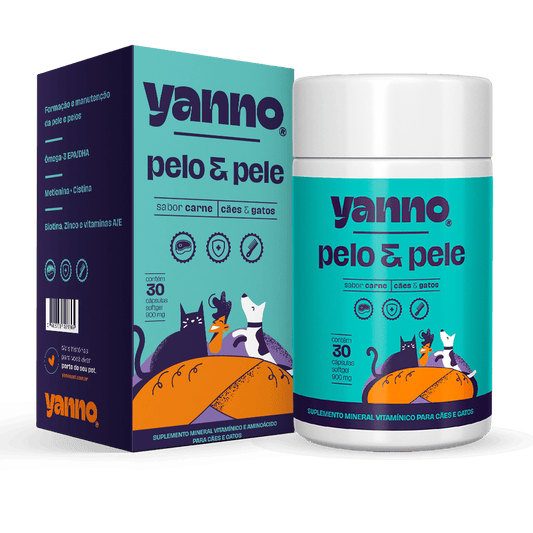 Suplemento Mineral Pelo e Pele Yanno - Controle e Redução de Queda - Sabor Carne - 30 Caps