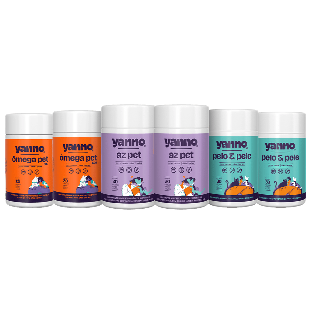 Kit Suplemento Saúde Total Yanno - 2 Ômega Pet + 2 Pelo e Pele + 2 AZ Pet - Sabor Carne - 60 Caps cada